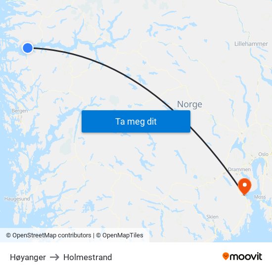 Høyanger to Holmestrand map