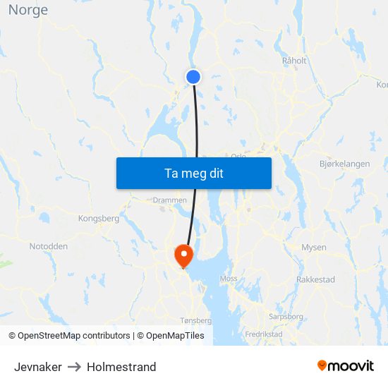 Jevnaker to Holmestrand map