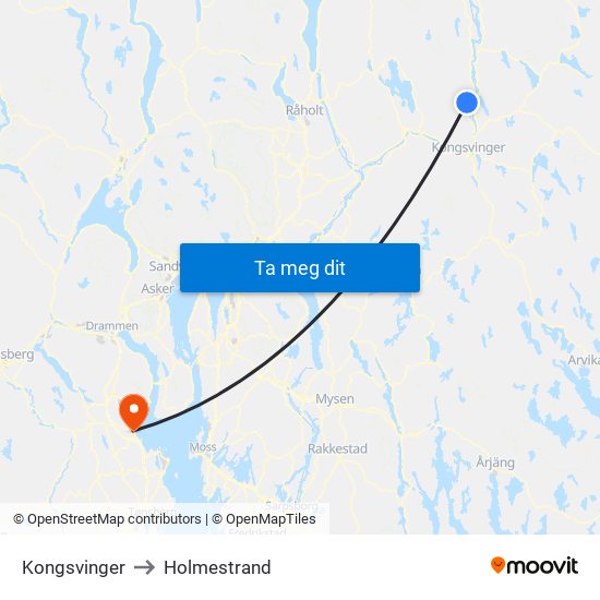 Kongsvinger to Holmestrand map