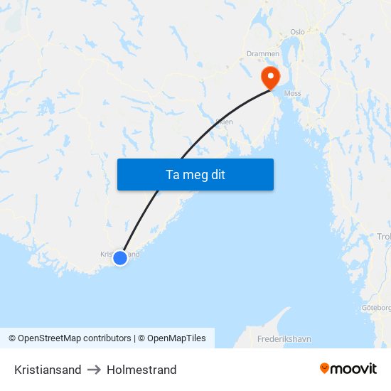 Kristiansand to Holmestrand map