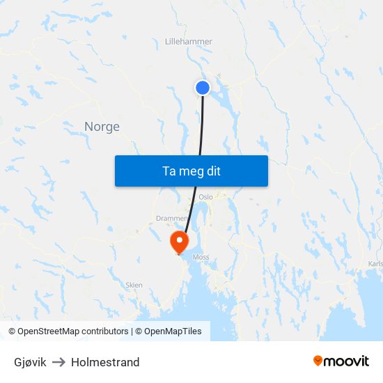 Gjøvik to Holmestrand map