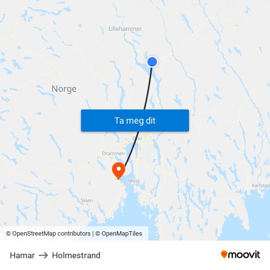 Hamar to Holmestrand map