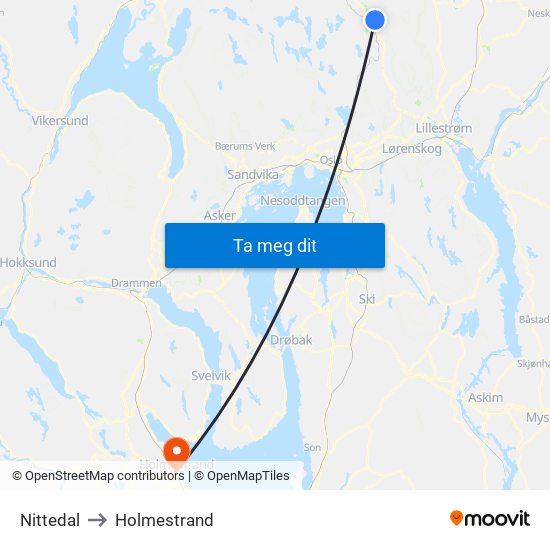 Nittedal to Holmestrand map