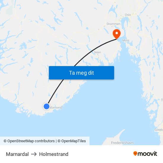 Marnardal to Holmestrand map