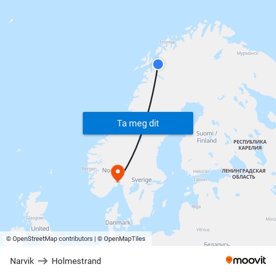 Narvik to Holmestrand map