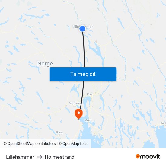 Lillehammer to Holmestrand map