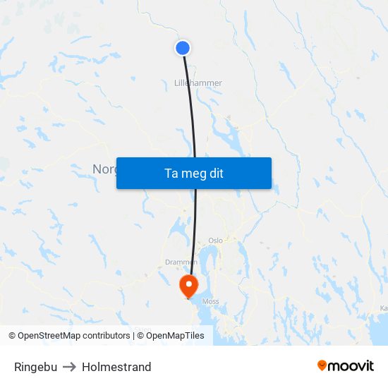 Ringebu to Holmestrand map