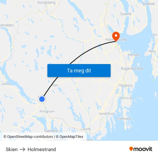 Skien to Holmestrand map