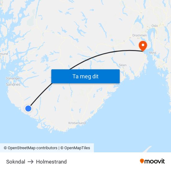 Sokndal to Holmestrand map