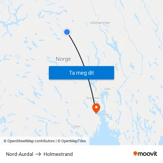 Nord-Aurdal to Holmestrand map