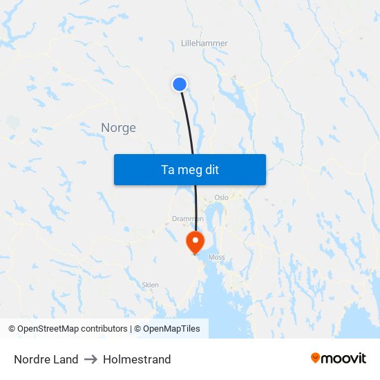 Nordre Land to Holmestrand map