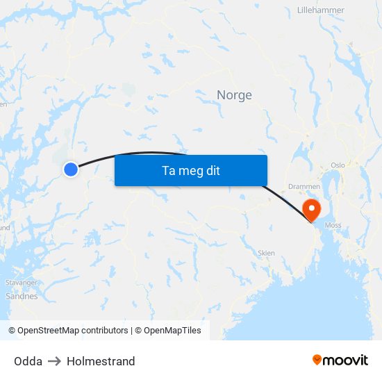 Odda to Holmestrand map