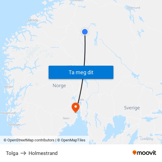 Tolga to Holmestrand map