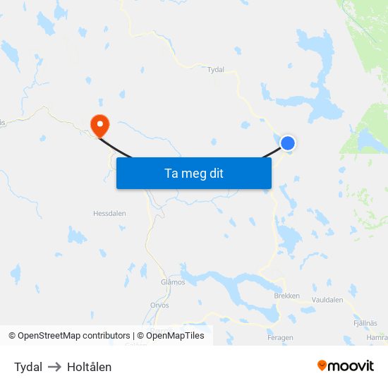 Tydal to Holtålen map
