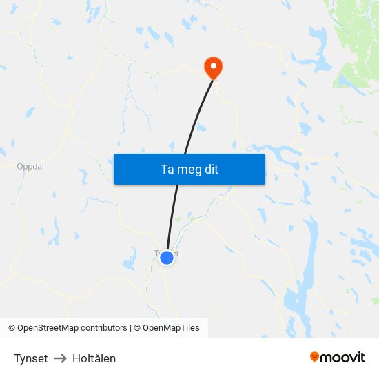 Tynset to Holtålen map
