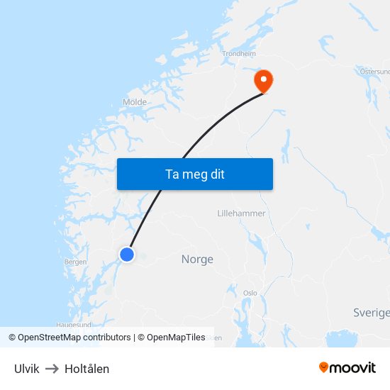 Ulvik to Holtålen map