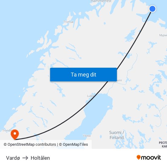 Vardø to Holtålen map