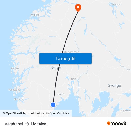 Vegårshei to Holtålen map