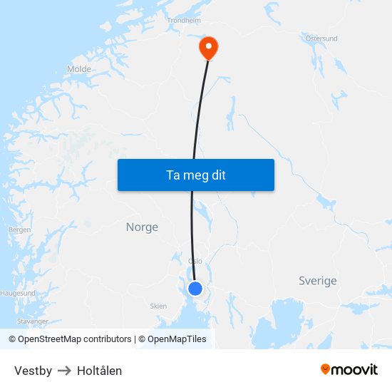 Vestby to Holtålen map