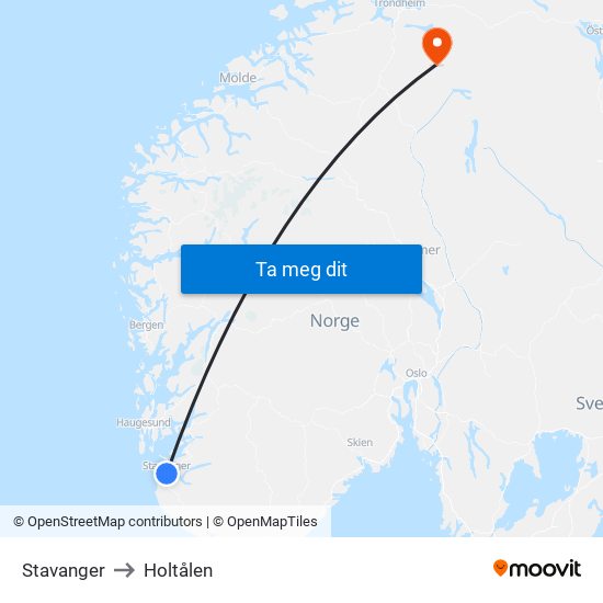 Stavanger to Holtålen map