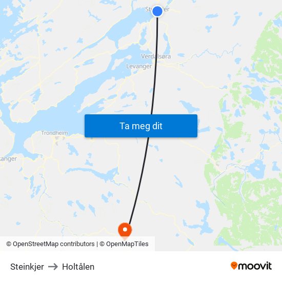 Steinkjer to Holtålen map