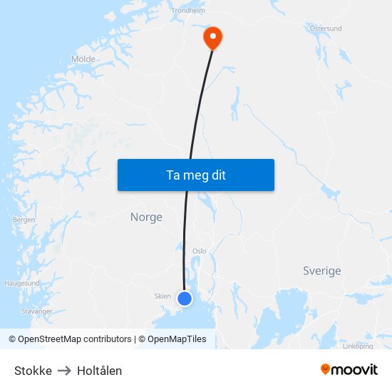 Stokke to Holtålen map