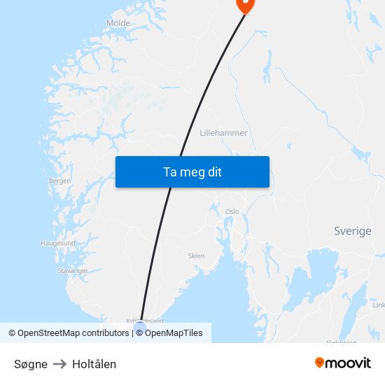 Søgne to Holtålen map