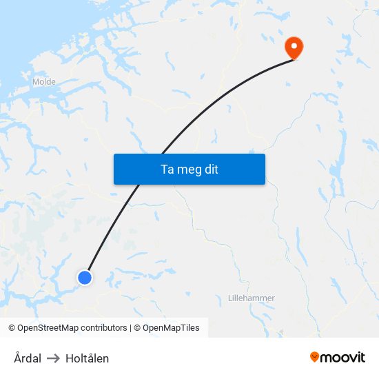 Årdal to Holtålen map