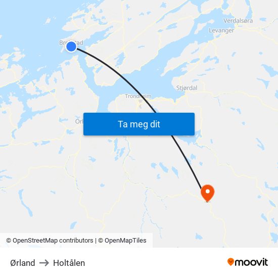 Ørland to Holtålen map