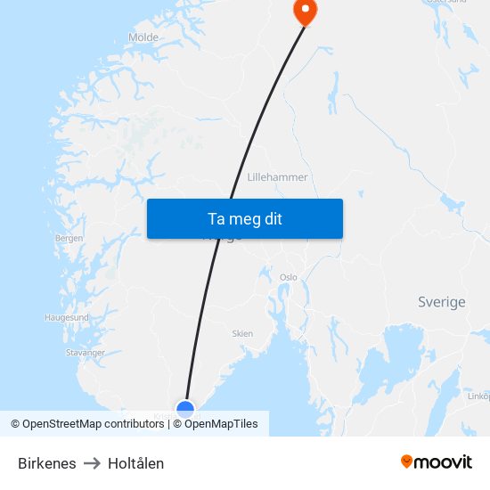 Birkenes to Holtålen map