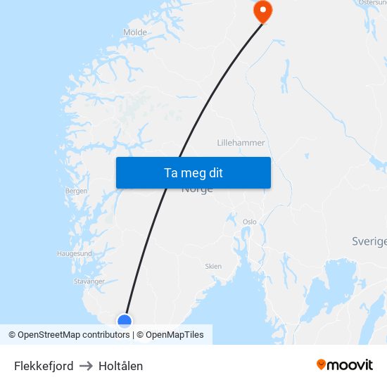 Flekkefjord to Holtålen map