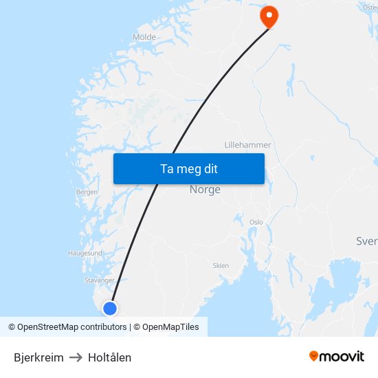 Bjerkreim to Holtålen map