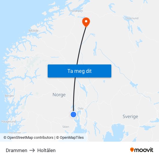 Drammen to Holtålen map