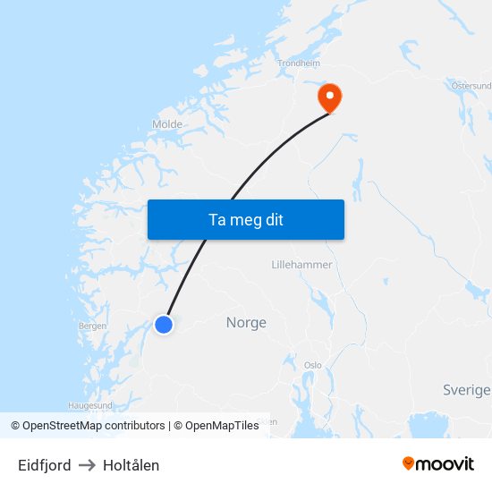 Eidfjord to Holtålen map