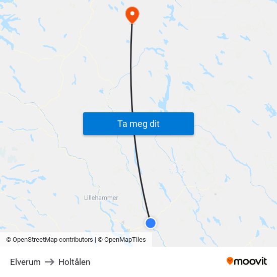 Elverum to Holtålen map
