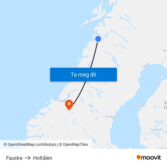 Fauske to Holtålen map
