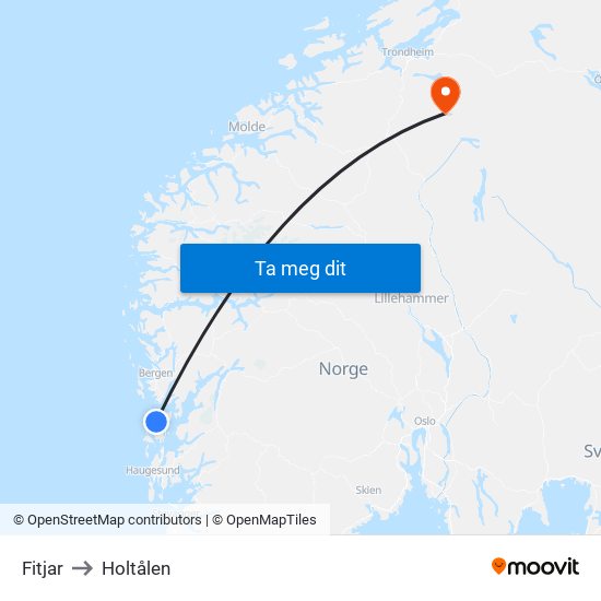 Fitjar to Holtålen map