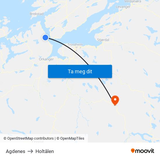 Agdenes to Holtålen map