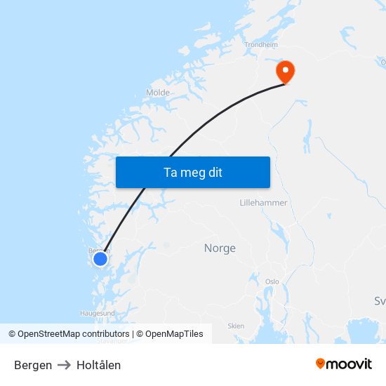 Bergen to Holtålen map