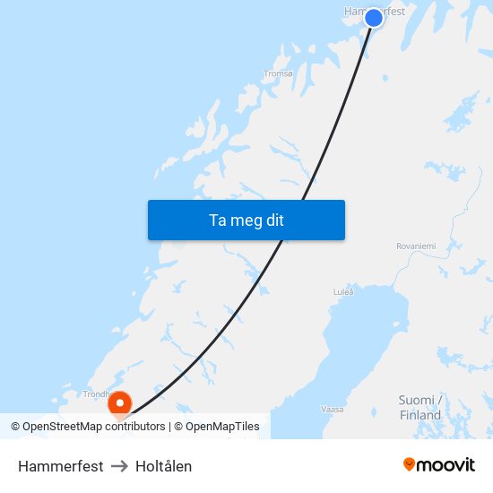 Hammerfest to Holtålen map