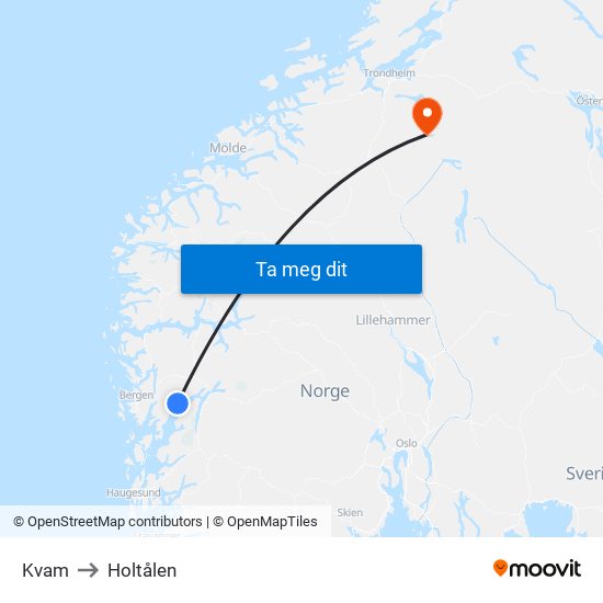 Kvam to Holtålen map