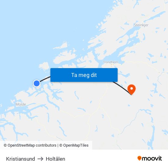 Kristiansund to Holtålen map