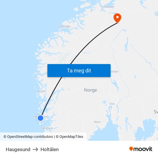 Haugesund to Holtålen map