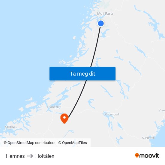 Hemnes to Holtålen map