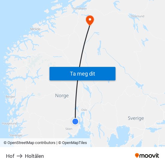 Hof to Holtålen map