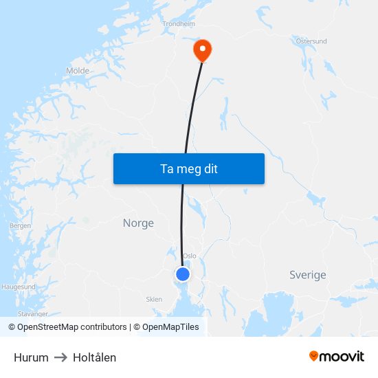 Hurum to Holtålen map