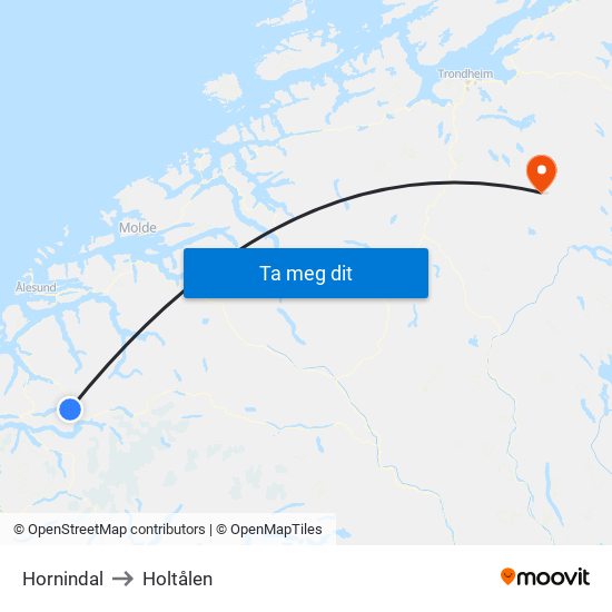 Hornindal to Holtålen map