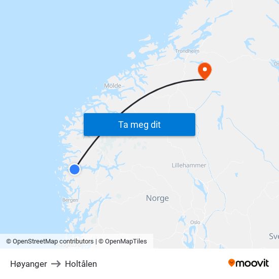 Høyanger to Holtålen map