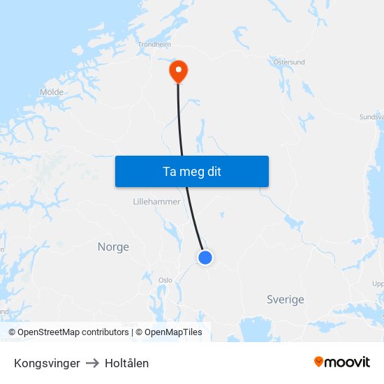 Kongsvinger to Holtålen map