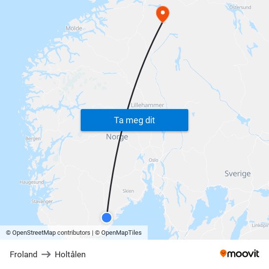 Froland to Holtålen map